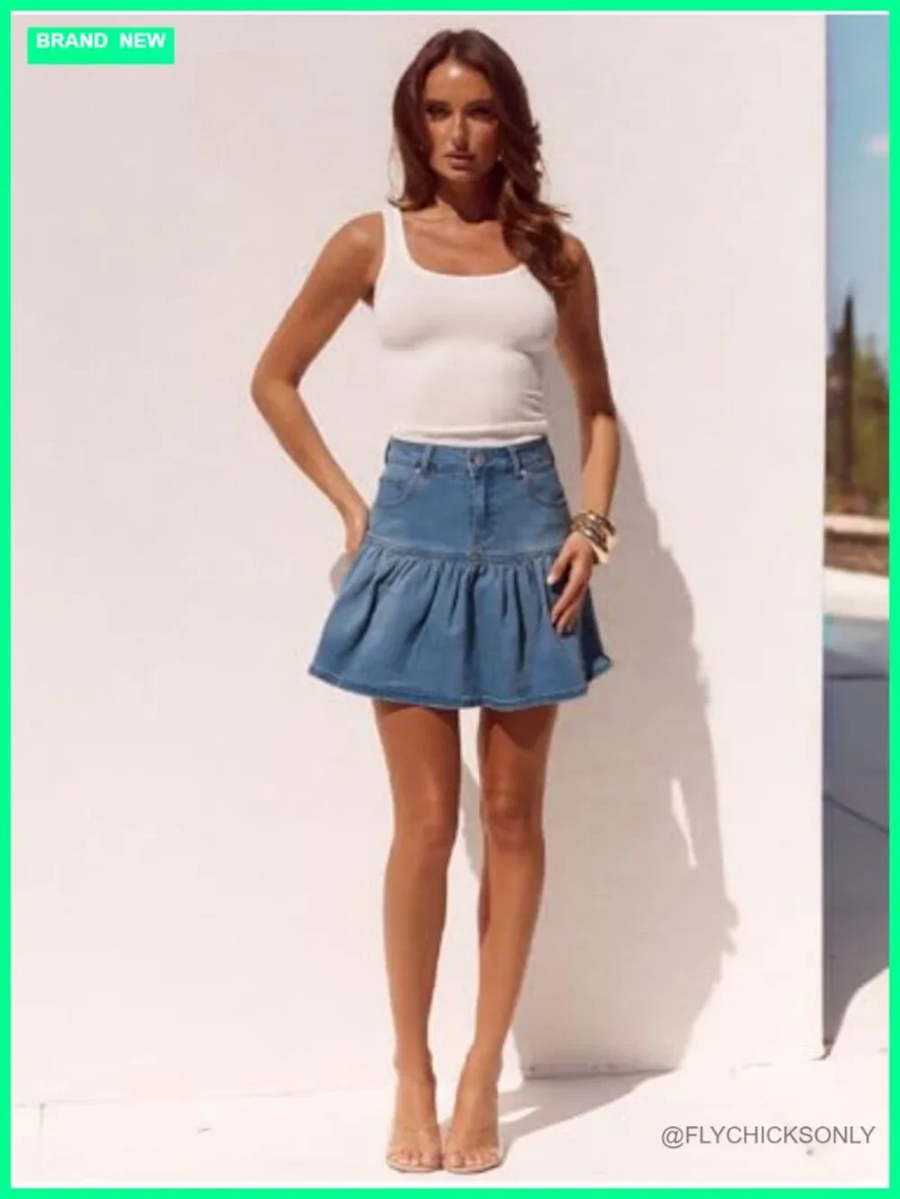 High Waist Denim Mini Skirt with Ruffle Hem A-Line Jean Short Skirt